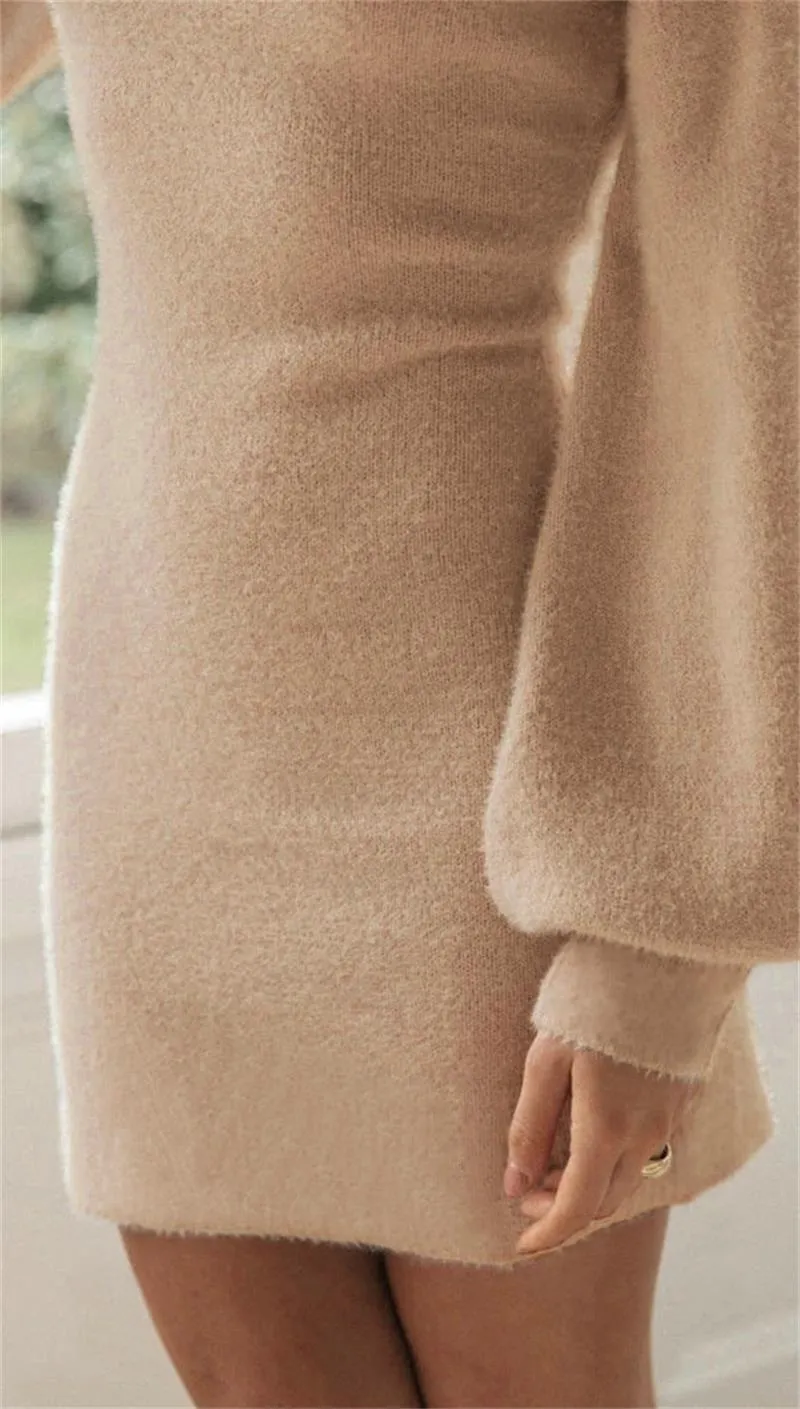 Fall/winter women's plush dress high collar single plush bag hip long sleeve dress