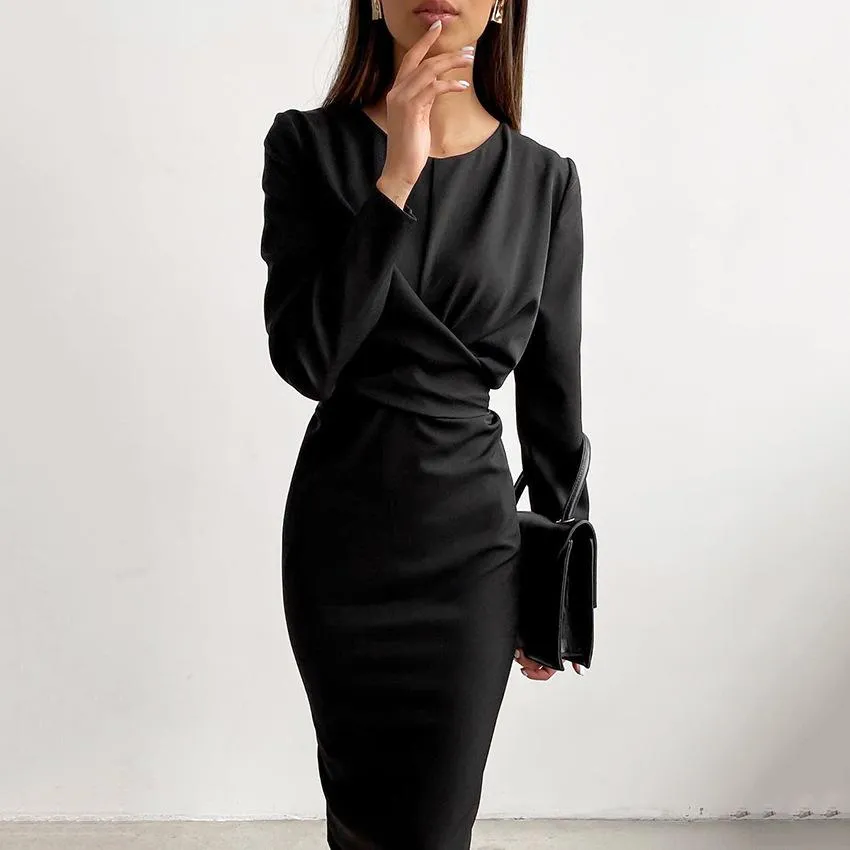 Fashion Slim Dress Women's Long Sleeve Solid Color Round Neck Cross Waist Waist Thin Midi Dress