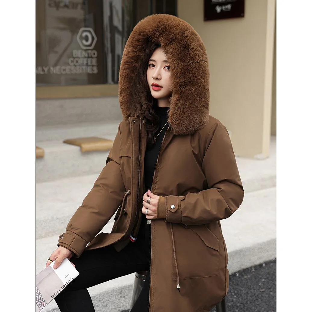 Fleece-Lined Faux Fur Collar Detachable Hooded Parka