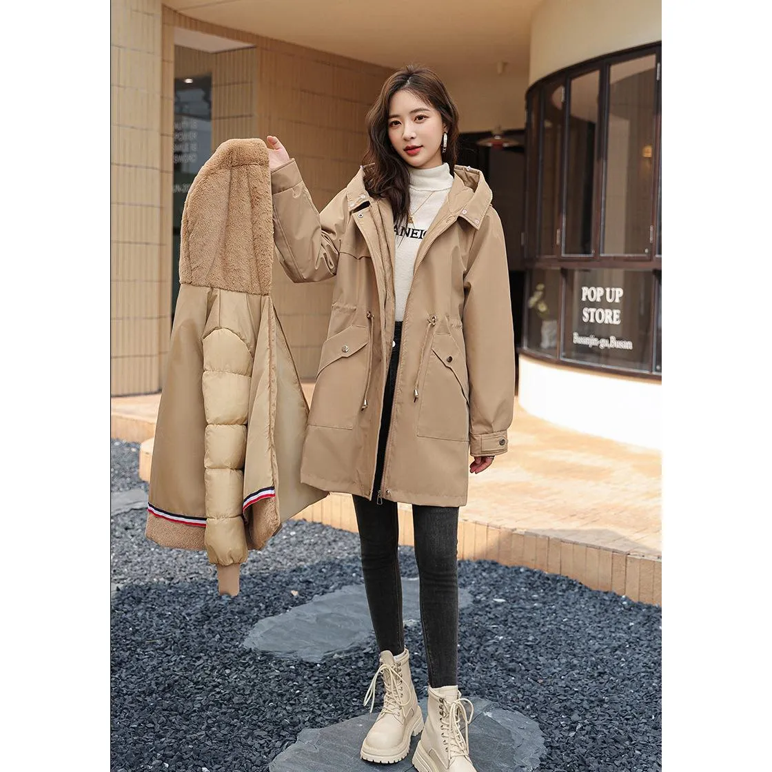 Fleece-Lined Faux Fur Collar Detachable Hooded Parka