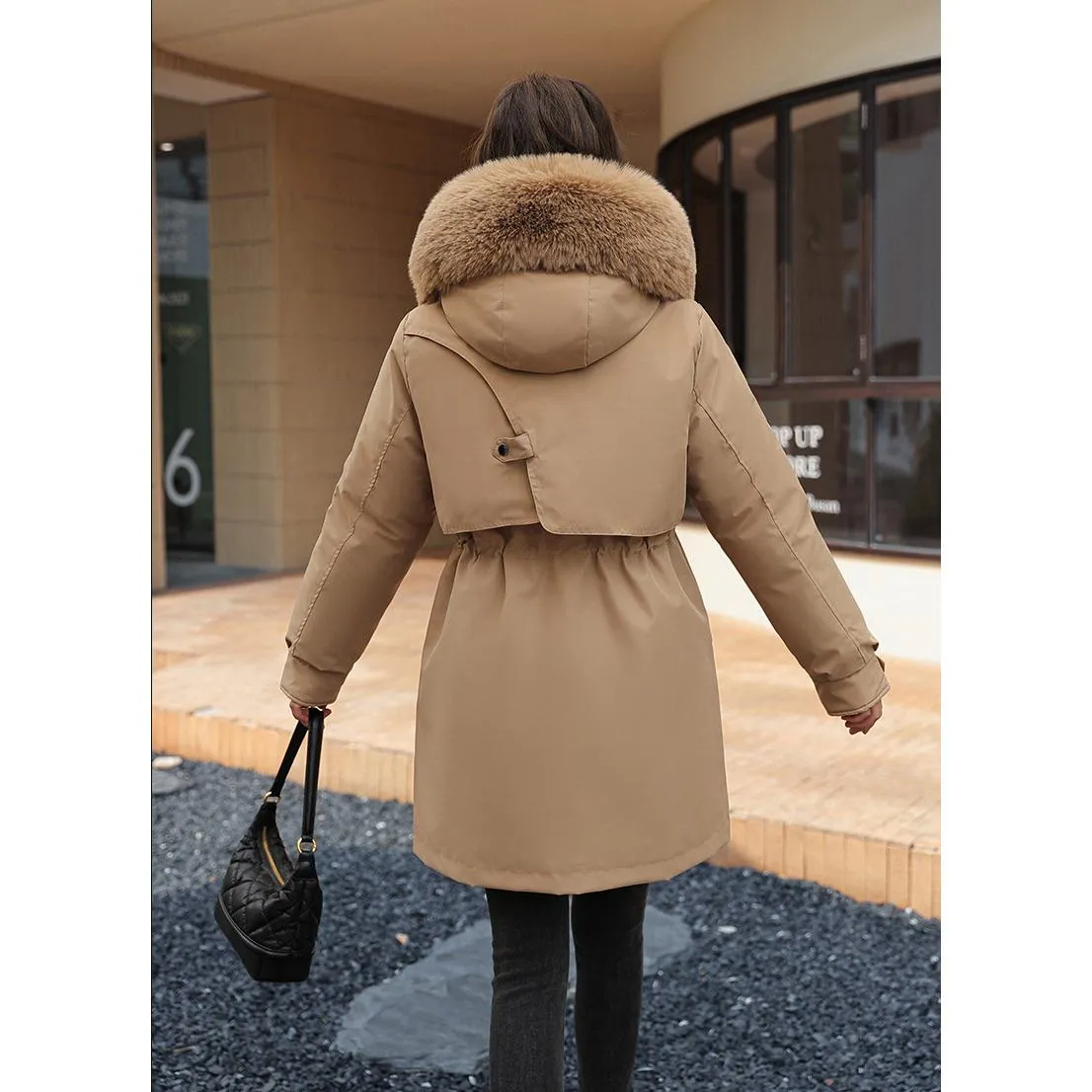 Fleece-Lined Faux Fur Collar Detachable Hooded Parka