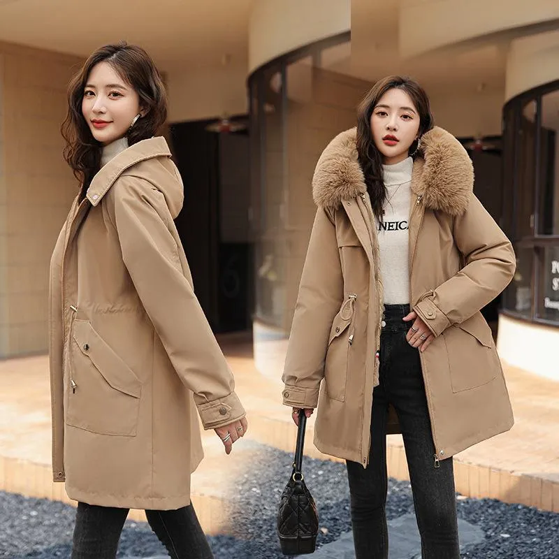 Fleece-Lined Faux Fur Collar Detachable Hooded Parka