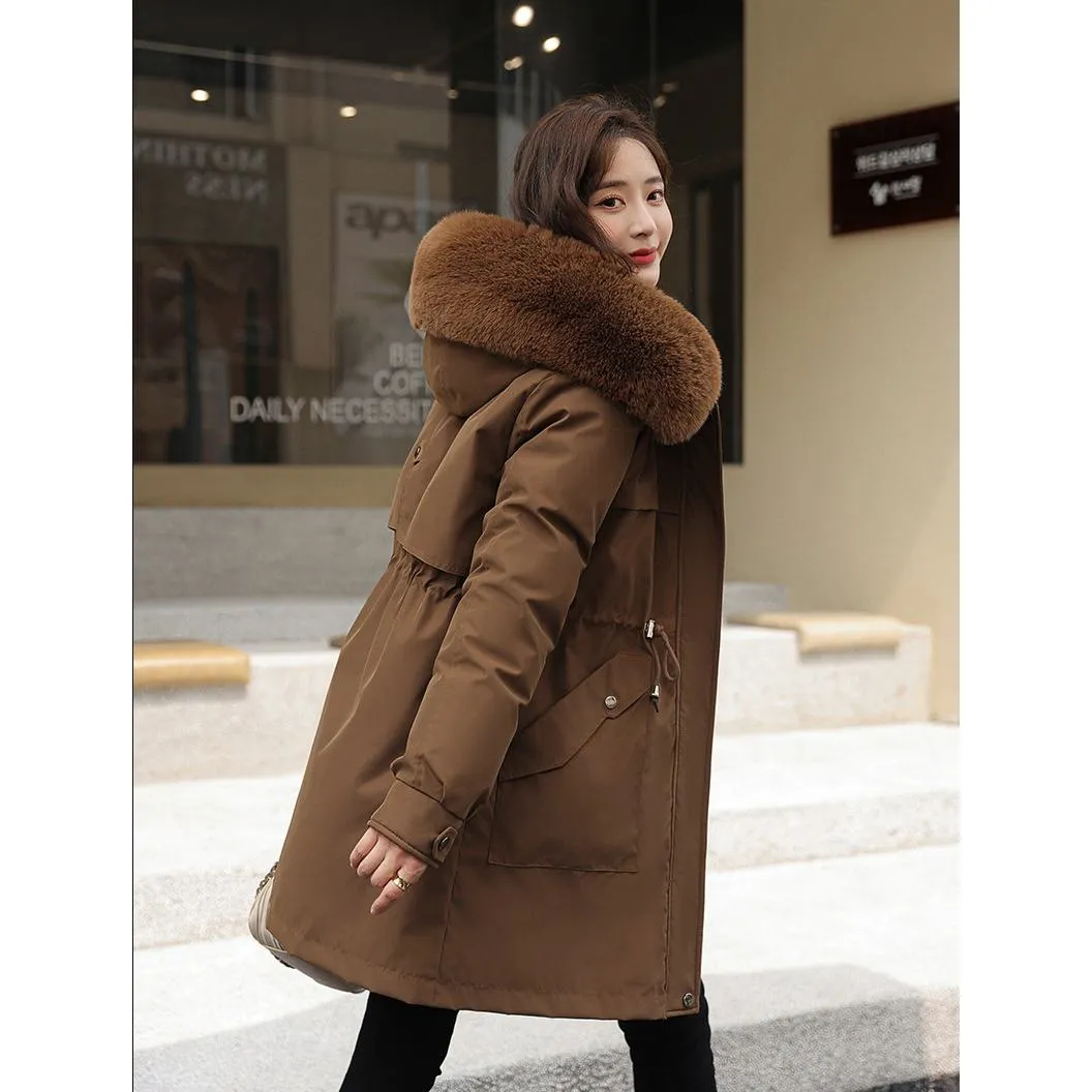 Fleece-Lined Faux Fur Collar Detachable Hooded Parka