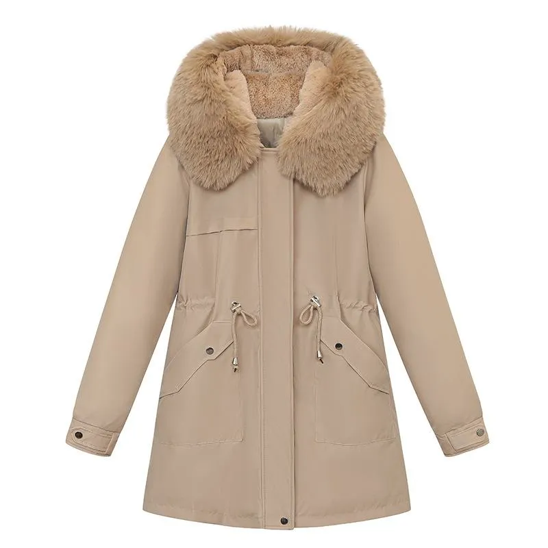 Fleece-Lined Faux Fur Collar Detachable Hooded Parka