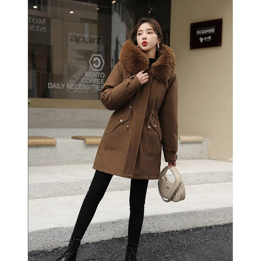 Fleece-Lined Faux Fur Collar Detachable Hooded Parka