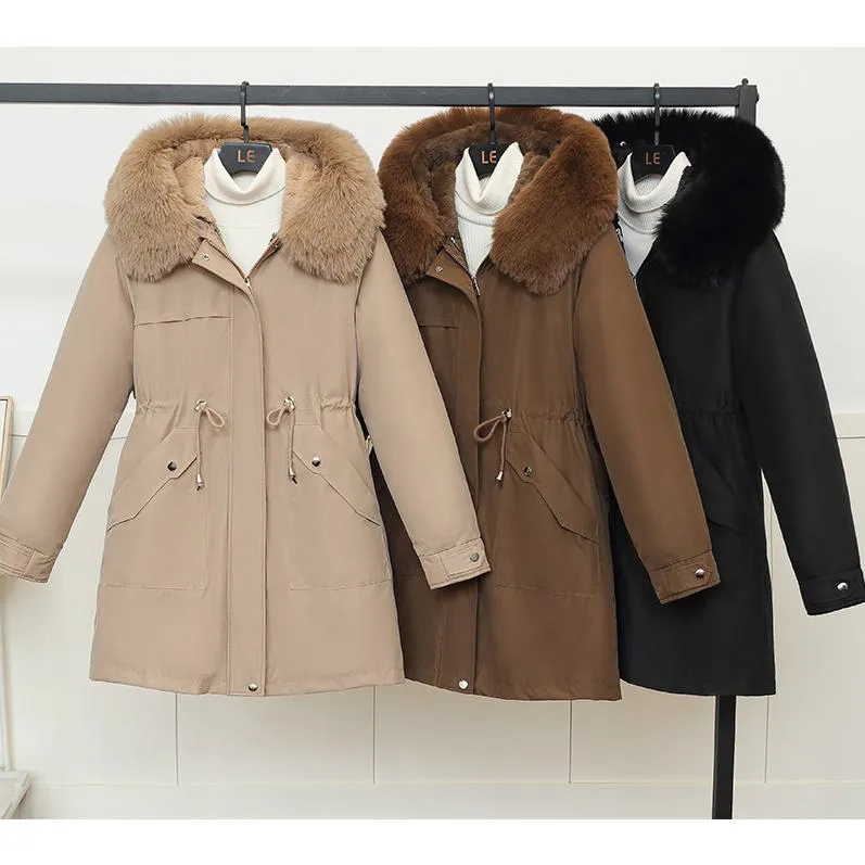 Fleece-Lined Faux Fur Collar Detachable Hooded Parka