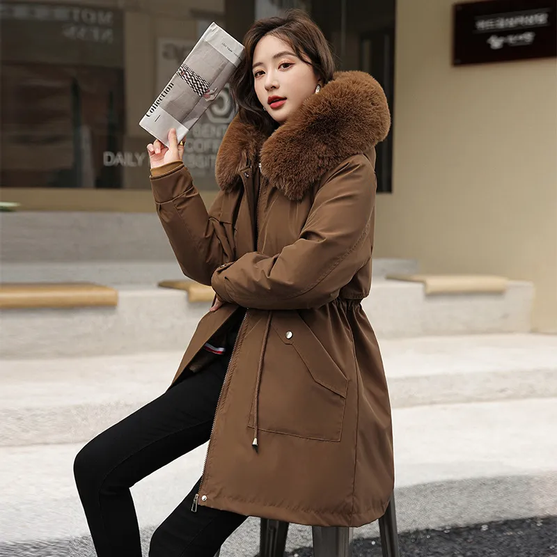 Fleece-Lined Faux Fur Collar Detachable Hooded Parka