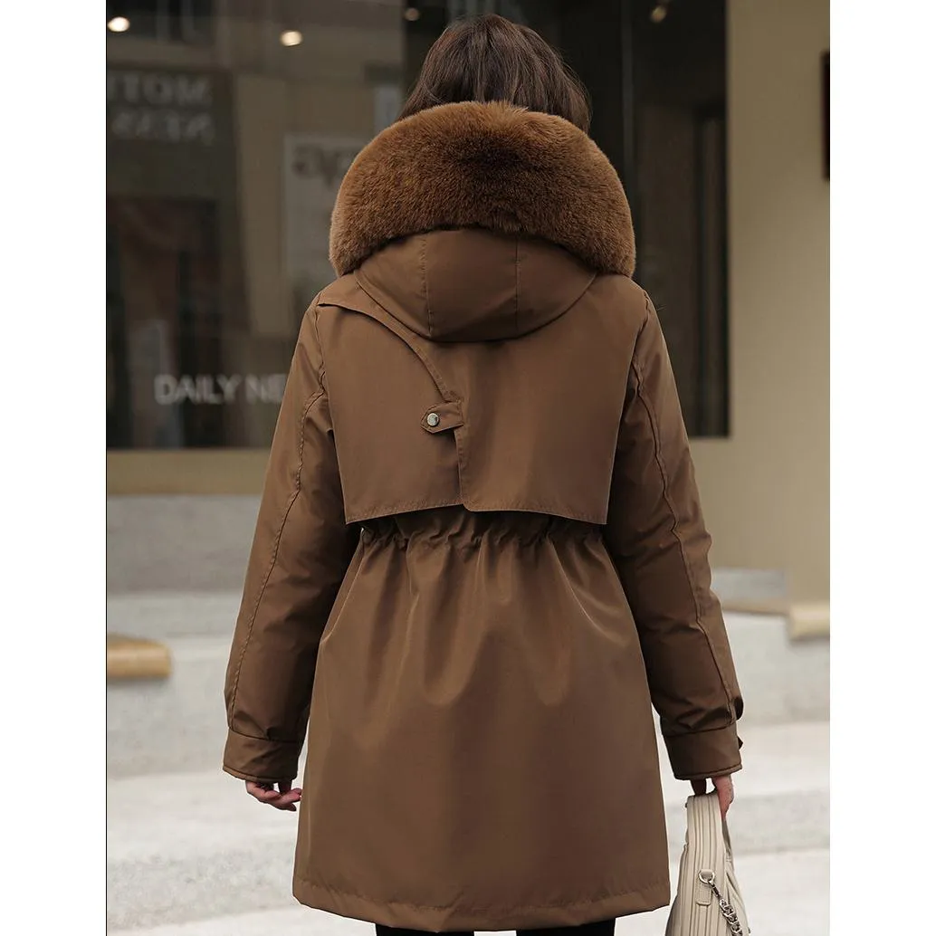 Fleece-Lined Faux Fur Collar Detachable Hooded Parka