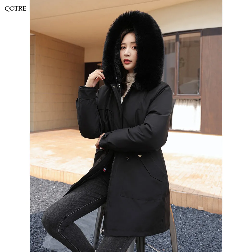 Fleece-Lined Faux Fur Collar Detachable Hooded Parka