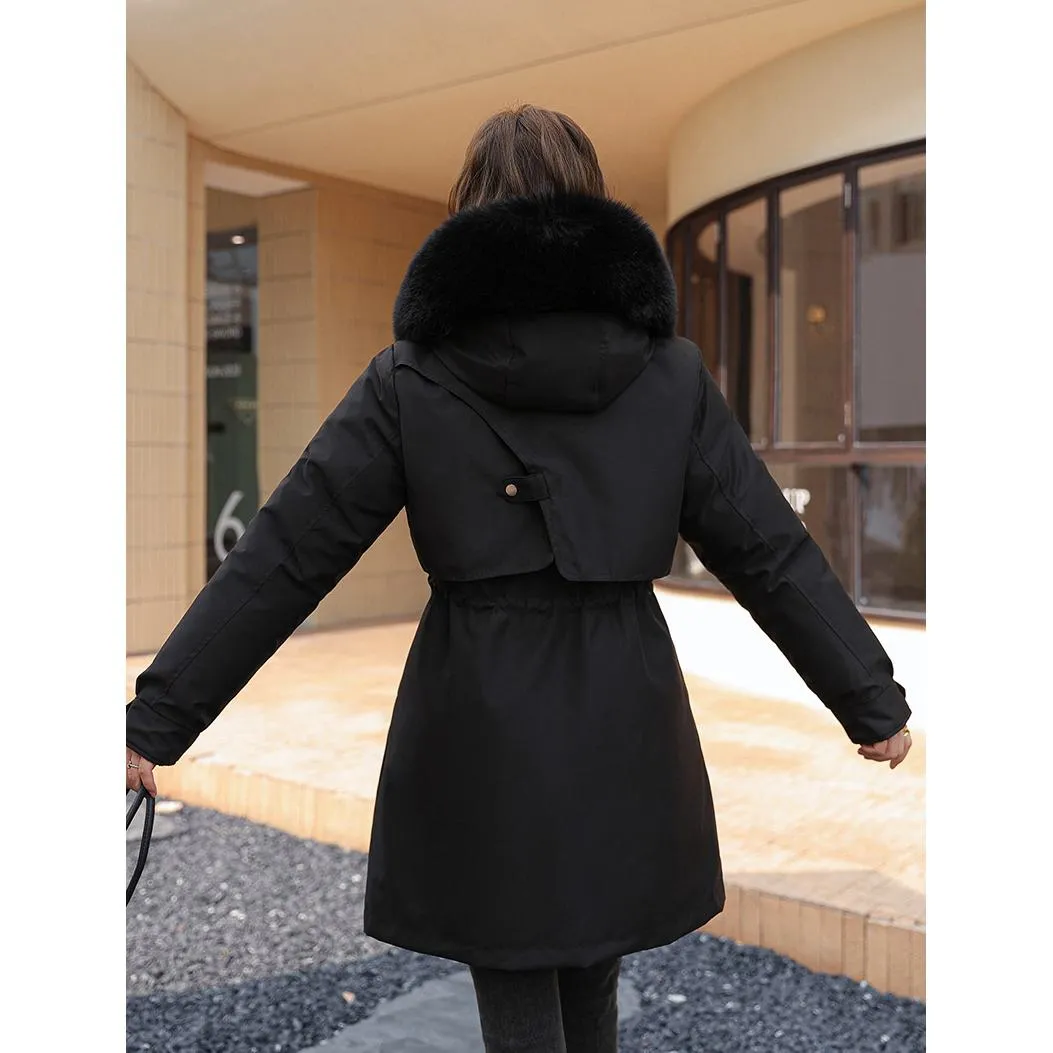 Fleece-Lined Faux Fur Collar Detachable Hooded Parka