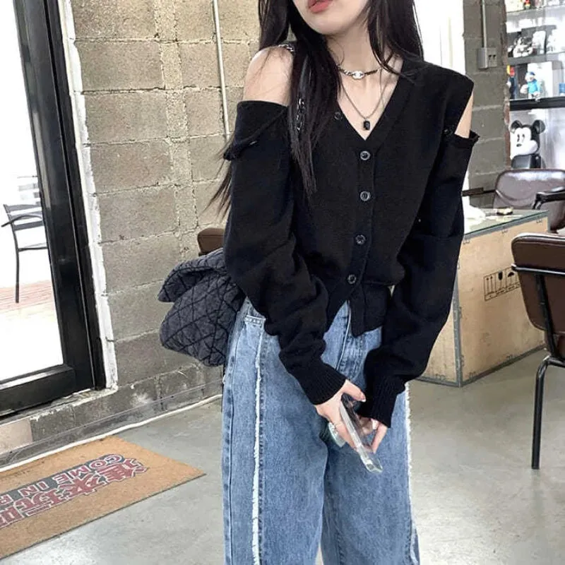 Getadme Korean Fashion Oversized Cardigan Women Harajuku V-neck Knitted Jumper Sweet Sexy Off Shoulder Long Sleeve Crop Top Y2K