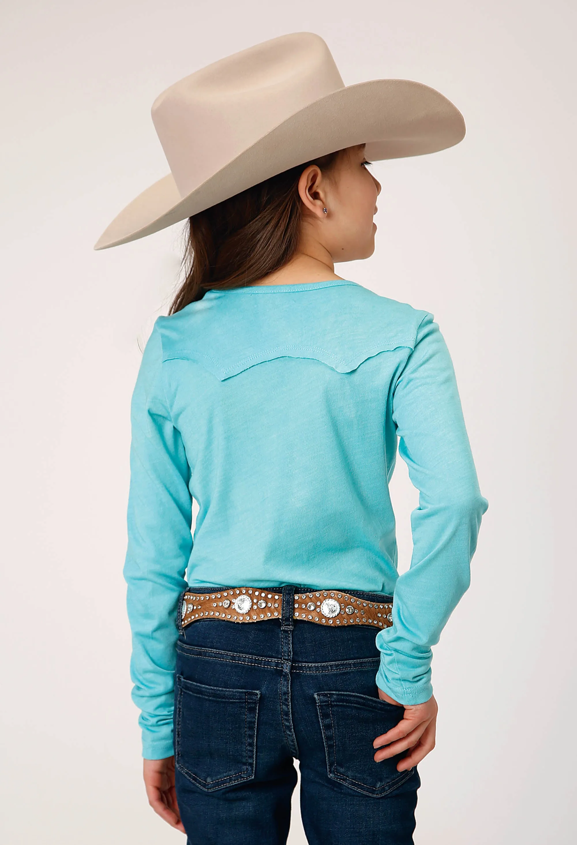 GIRLS LONG SLEEVE KNIT TURQUOISE POLY RAYON LONG SLEEVE  YOKE T T-SHIRT