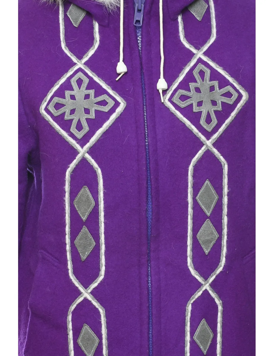 Hooded Purple Wool Coat - L