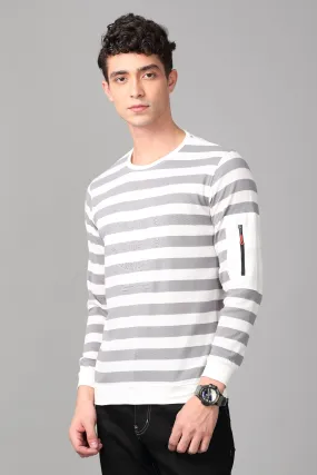 KEF Men's Gray & White Striped Pullover Sweater