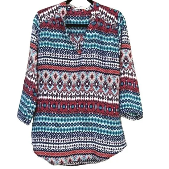 Liberty Love Pullover Geometric Print 3/4 Sleeve Multicolor Lightweight Tunic M