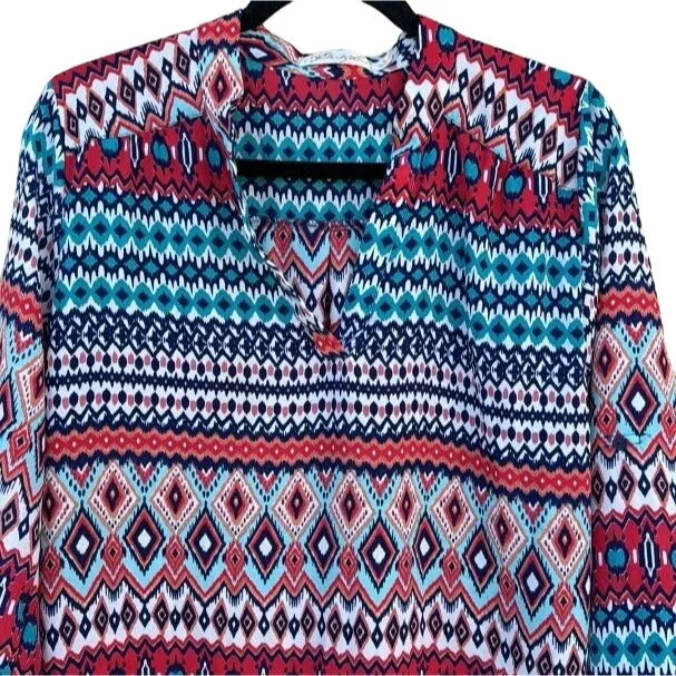 Liberty Love Pullover Geometric Print 3/4 Sleeve Multicolor Lightweight Tunic M