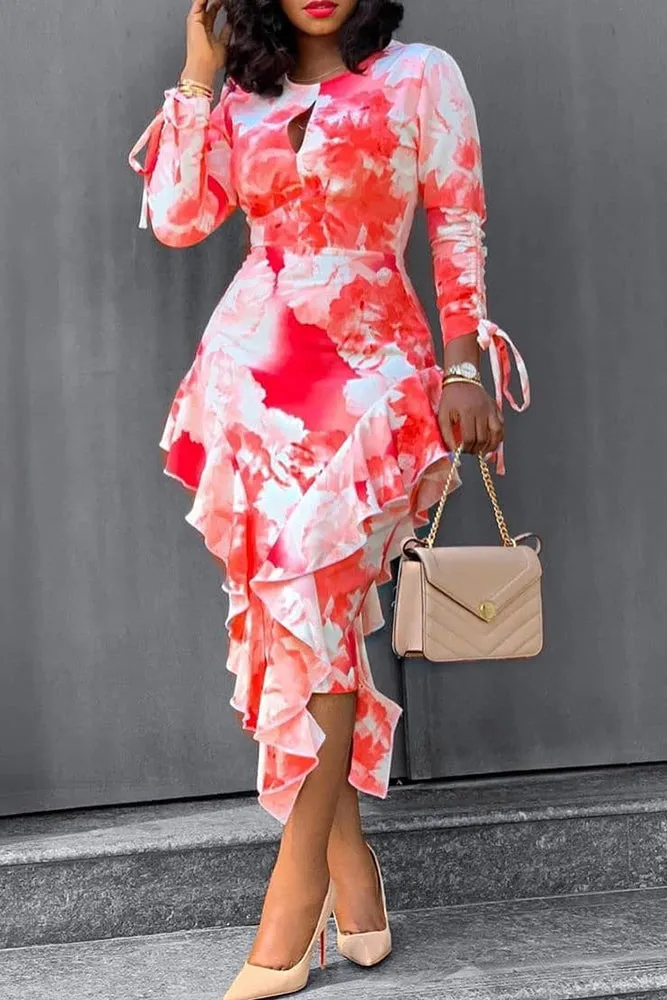 Long Sleeve Print Ruffled Midi Bodycon Dress