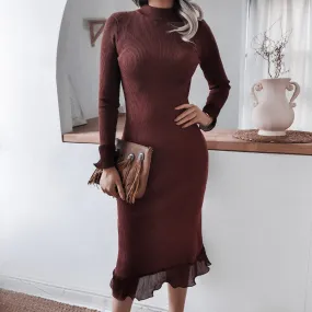 Long-sleeved casual stitching ruffled long-sleeved knitted dress with hip sweater dress