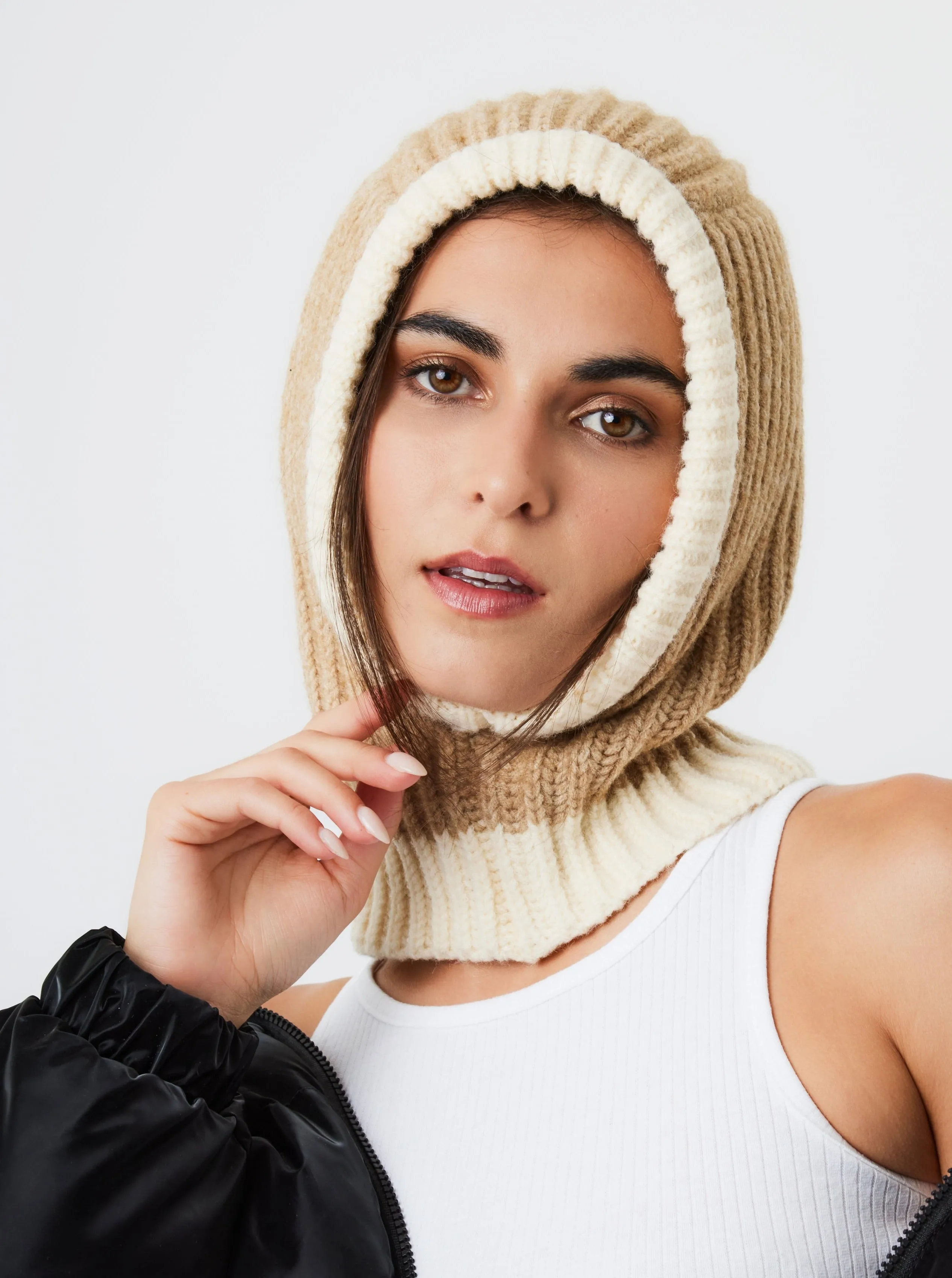 Loose Fit Ribbed Knitted Hood Balaclava in Beige