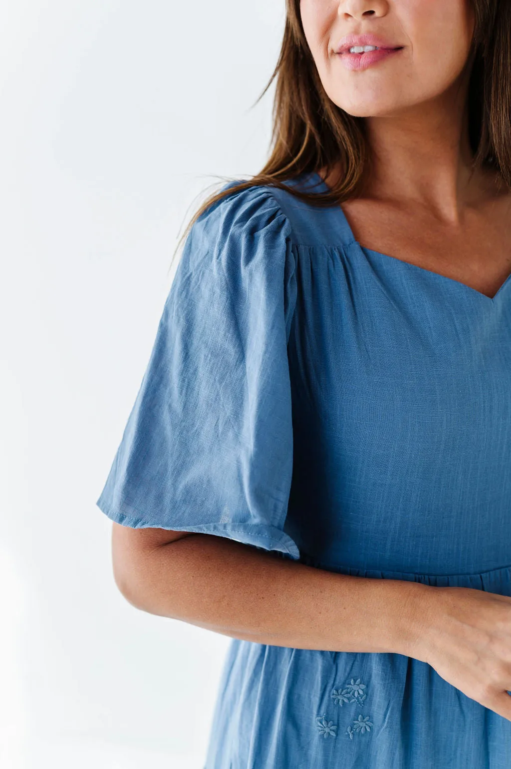 Lucia Embroidered Dress in Dusty Blue