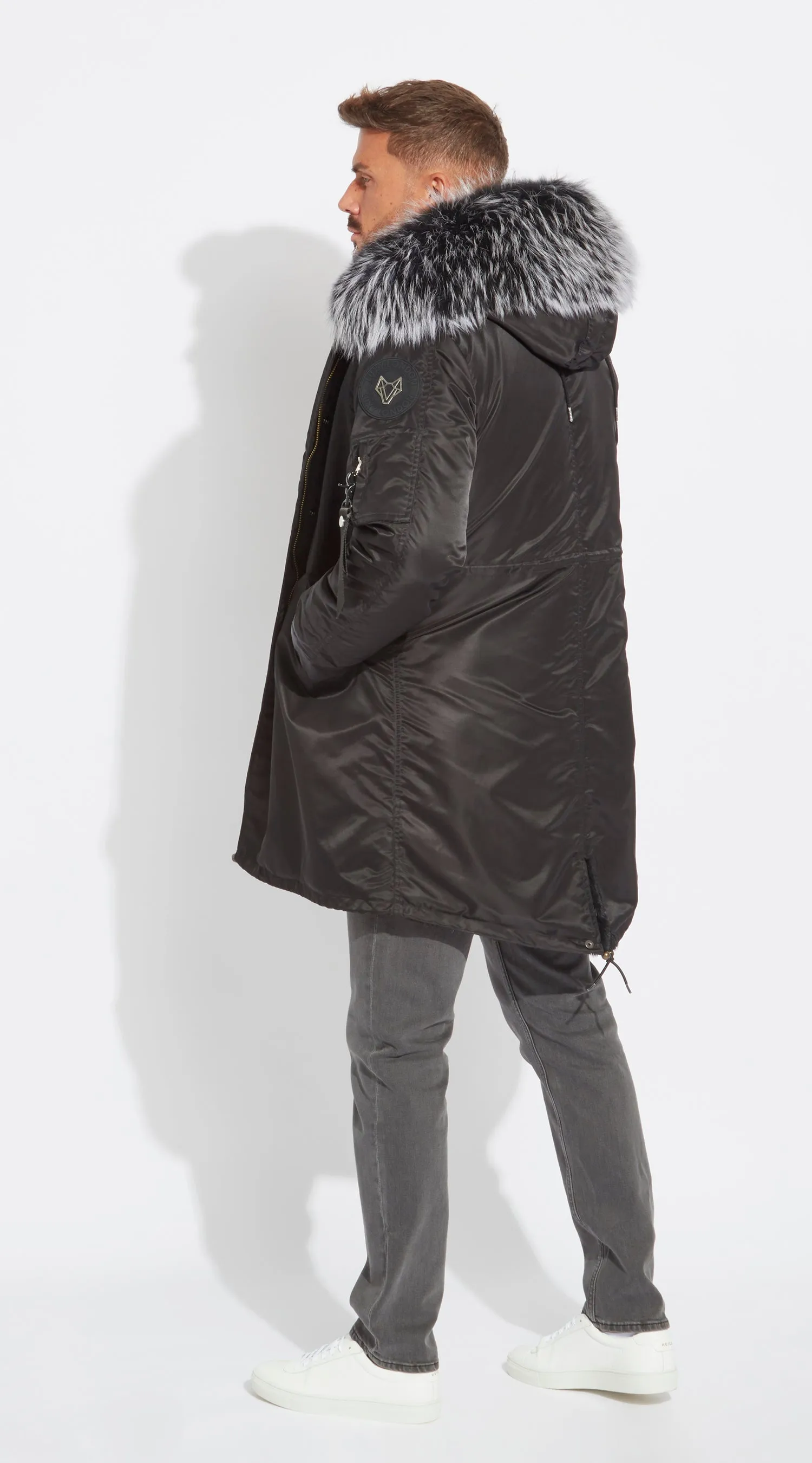 Mens Black Water-Repellent Luxy Fur Parka - 3/4 Black Mist