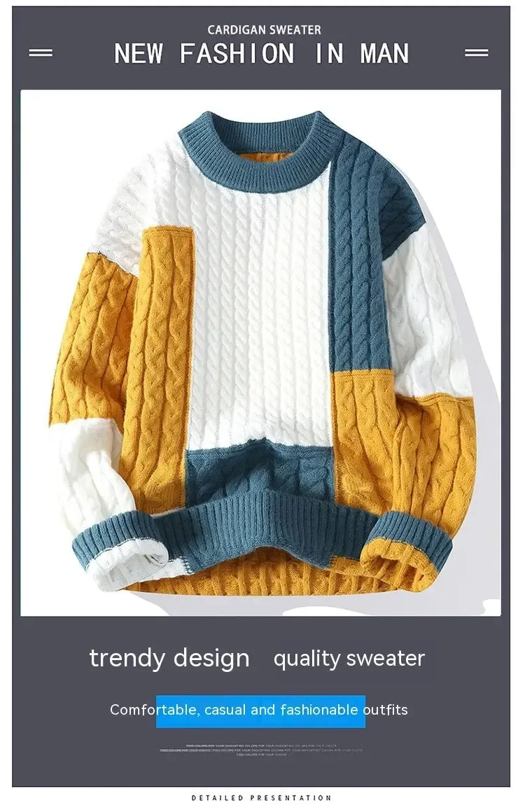 Men's Crew Neck Pullover Sweater Color Contrast Patchwork