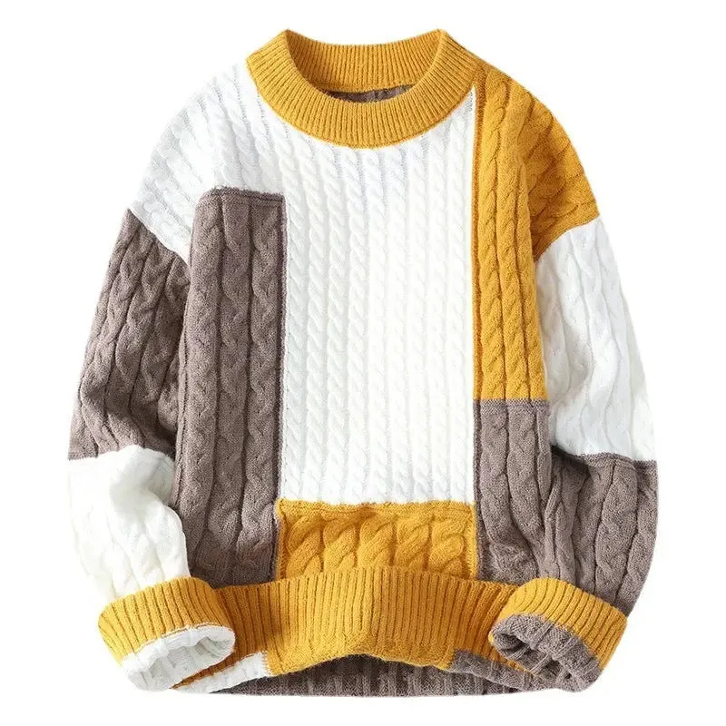 Men's Crew Neck Pullover Sweater Color Contrast Patchwork