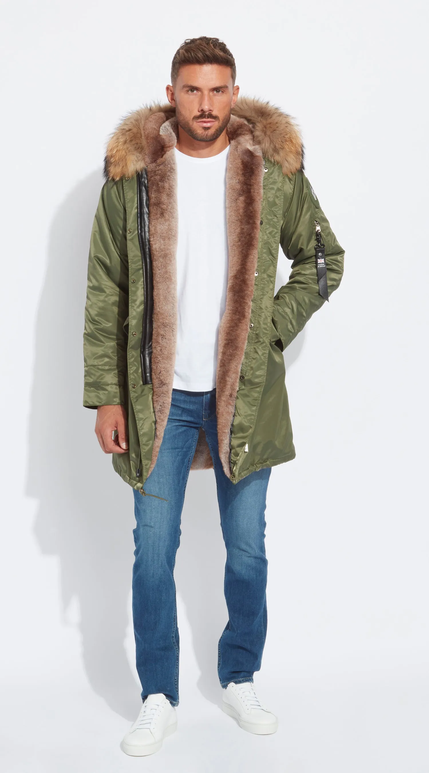 Mens Khaki Water-Repellent Luxy Fur Parka - 3/4 Natural