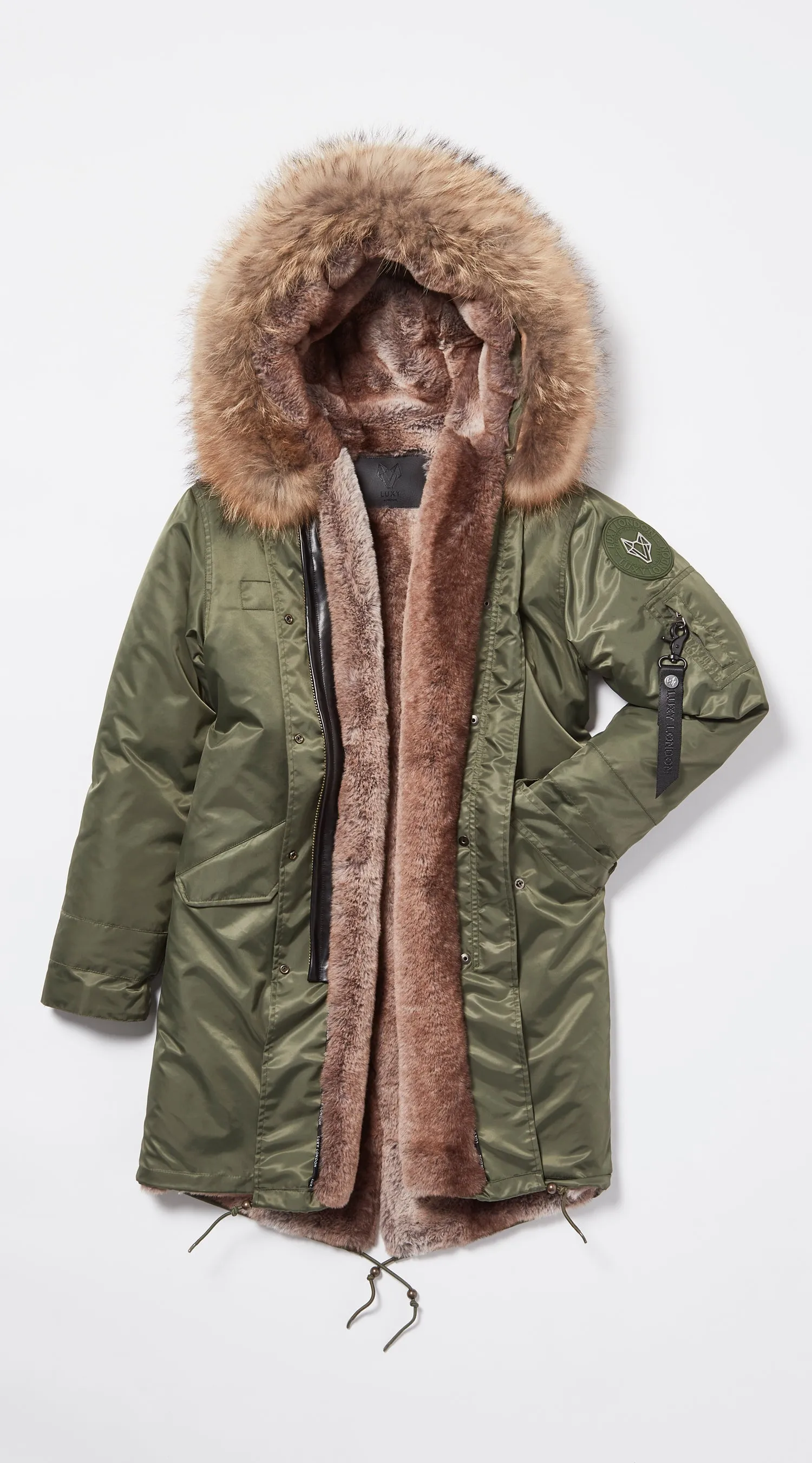 Mens Khaki Water-Repellent Luxy Fur Parka - 3/4 Natural