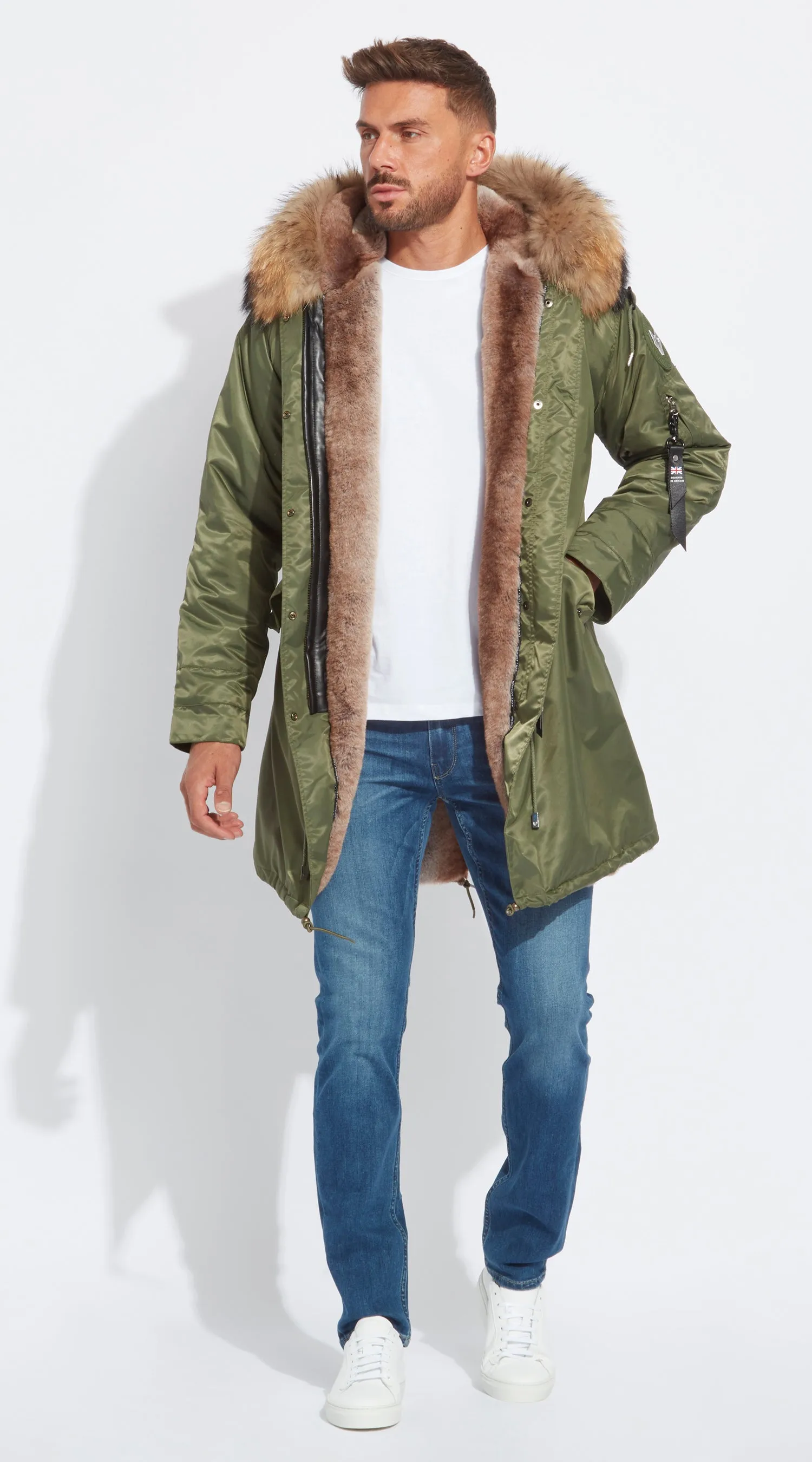 Mens Khaki Water-Repellent Luxy Fur Parka - 3/4 Natural