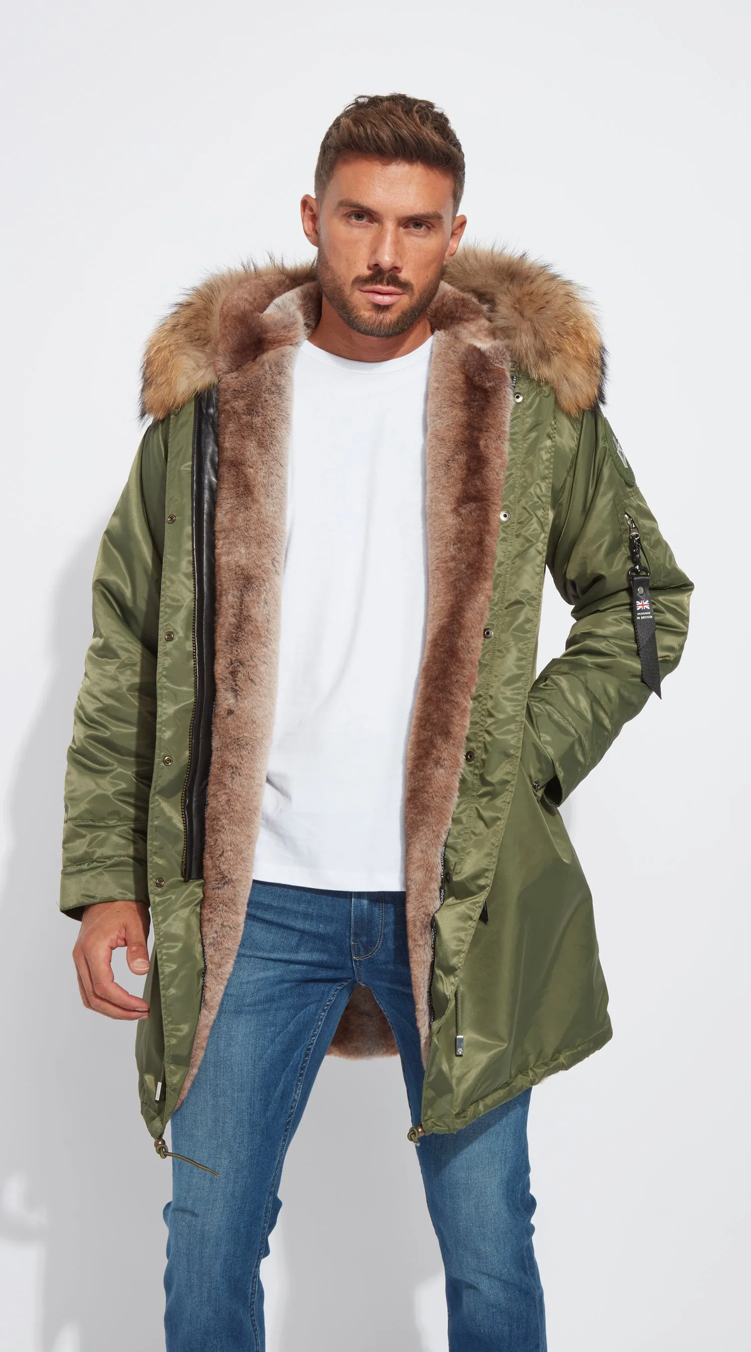 Mens Khaki Water-Repellent Luxy Fur Parka - 3/4 Natural