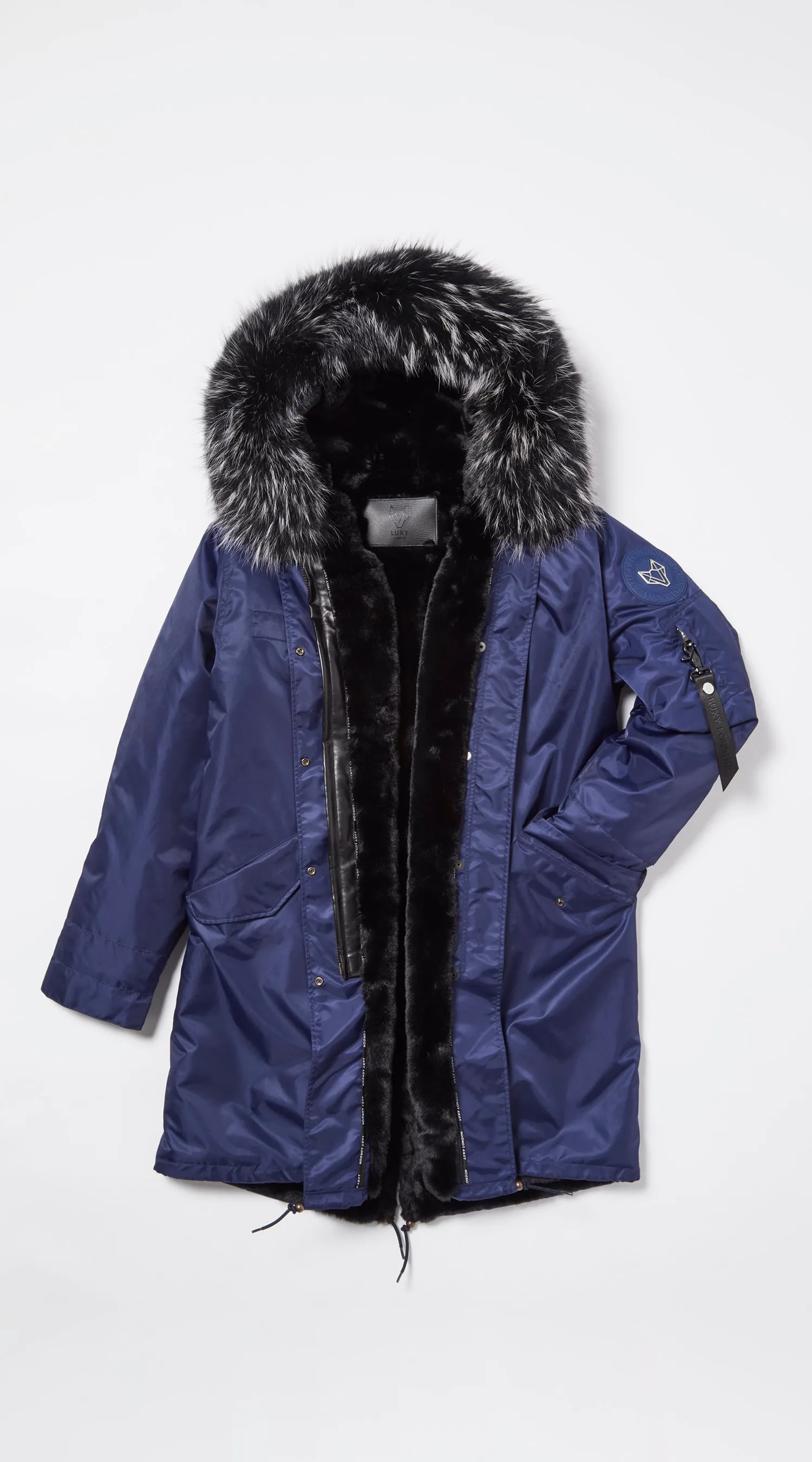 Mens Navy Water-Repellent Luxy Fur Parka - 3/4 Black Mist