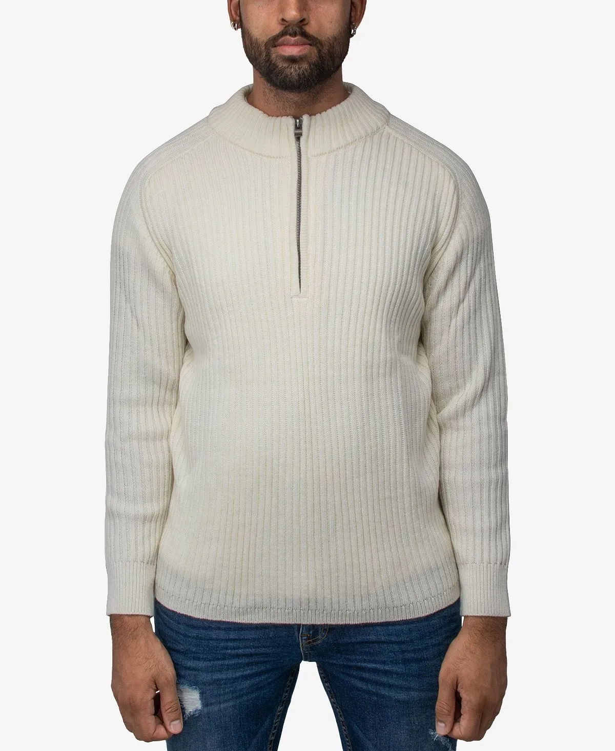 Men's Ribbed Stand Neck Sweater with Quarter Zip X-Ray