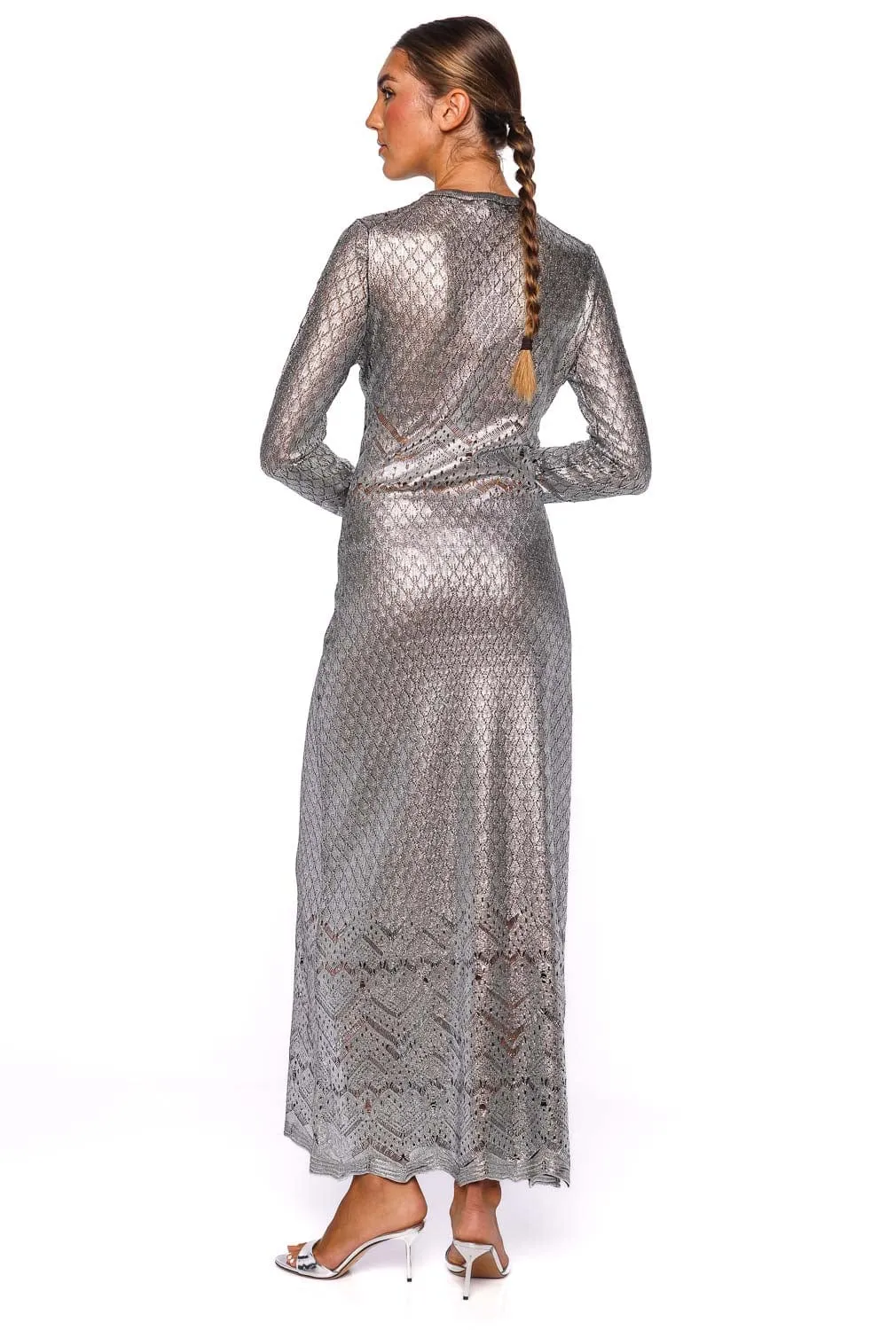 Metallic Lace Long Sleeve Knit Maxi Dress