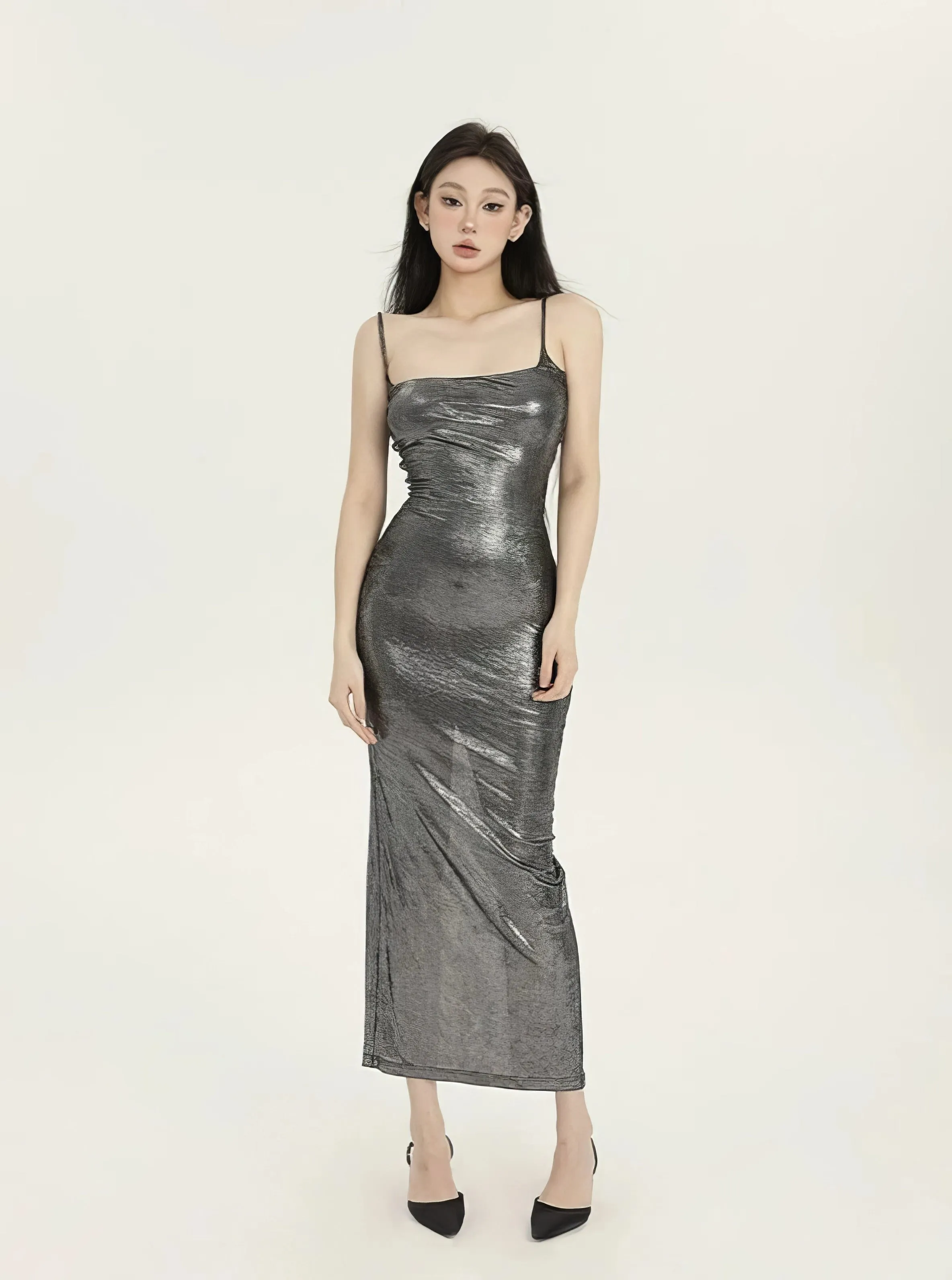 Metallic Sheen Sleeveless Low-Neck Maxi Dress