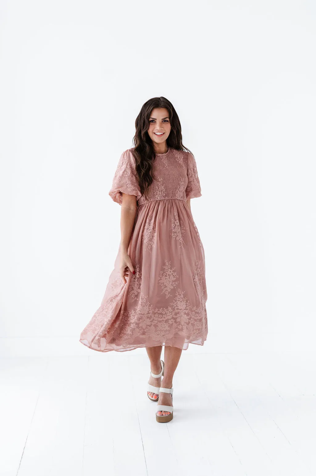 Mia Embroidered Smocked Dress in Salmon