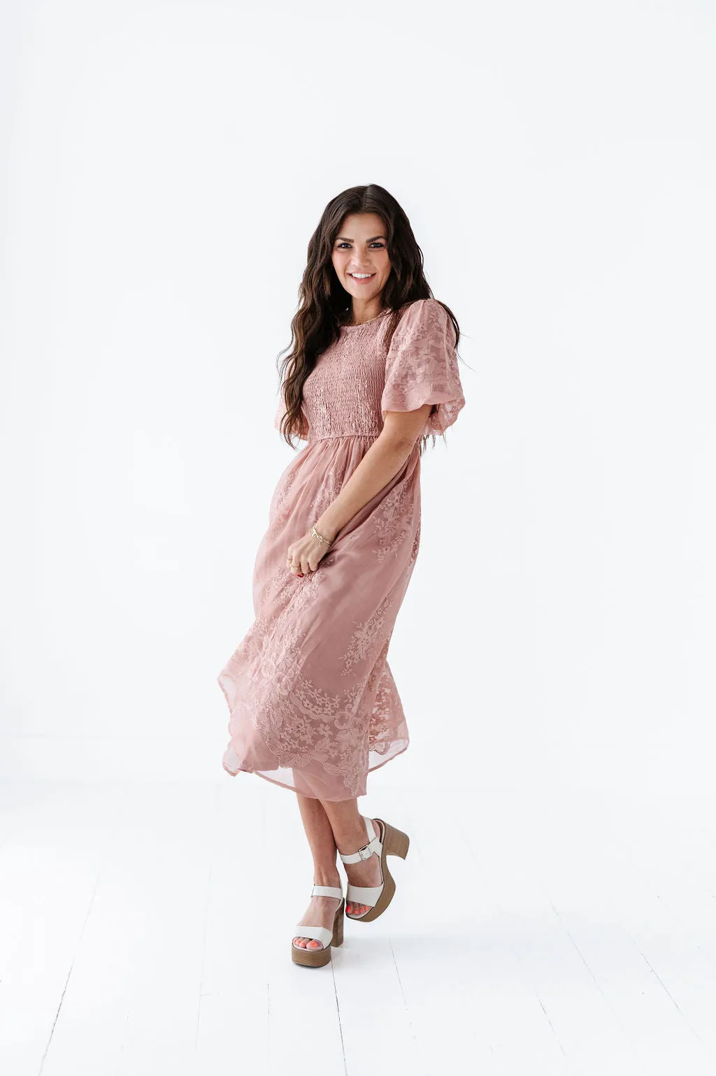 Mia Embroidered Smocked Dress in Salmon