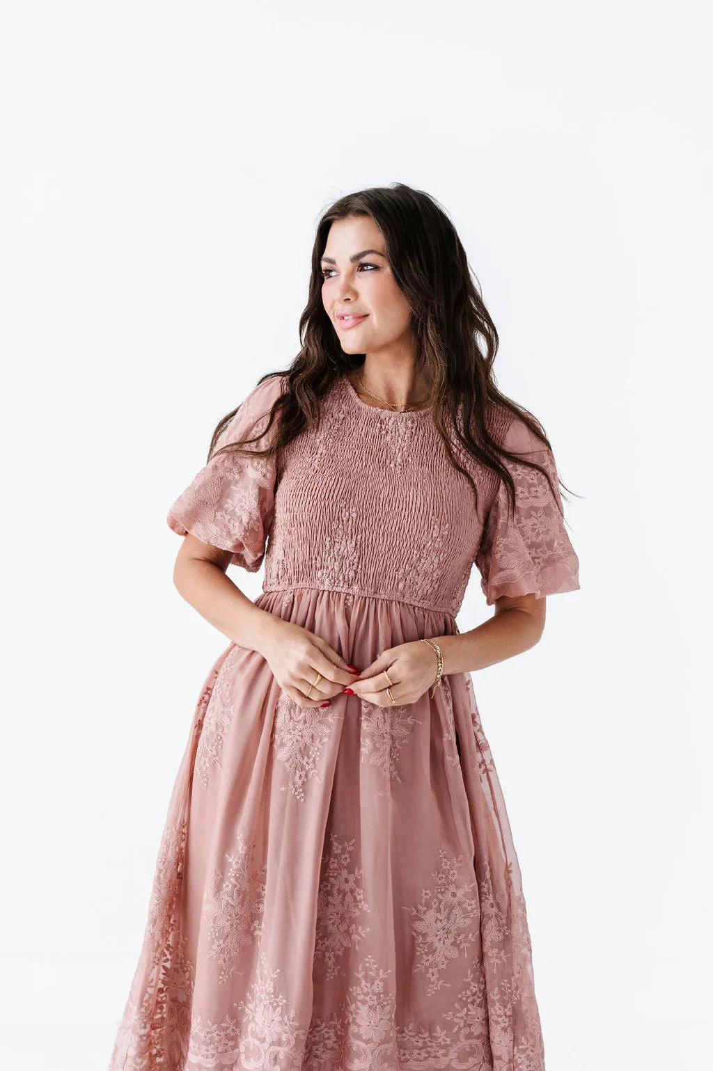 Mia Embroidered Smocked Dress in Salmon