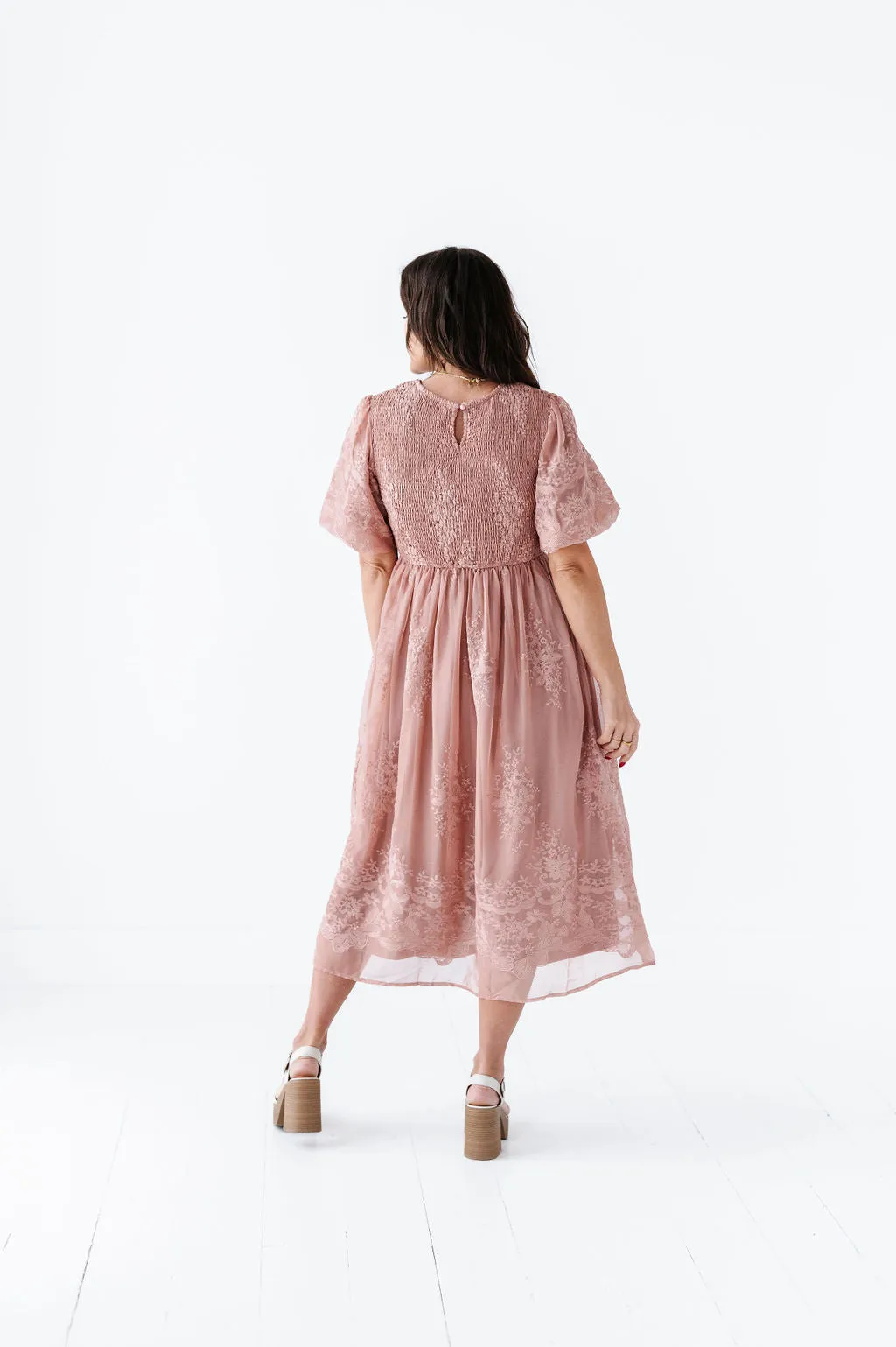 Mia Embroidered Smocked Dress in Salmon