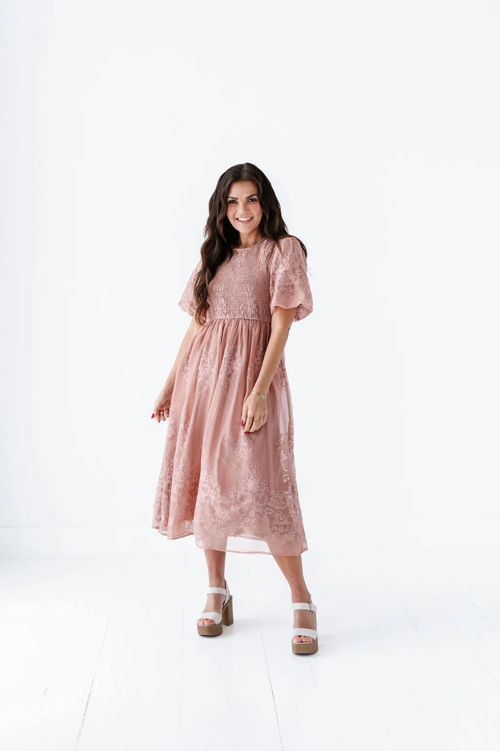 Mia Embroidered Smocked Dress in Salmon