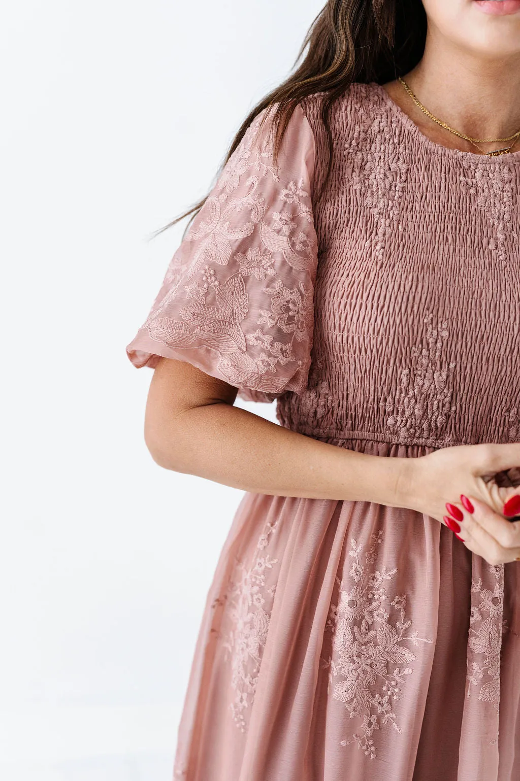 Mia Embroidered Smocked Dress in Salmon