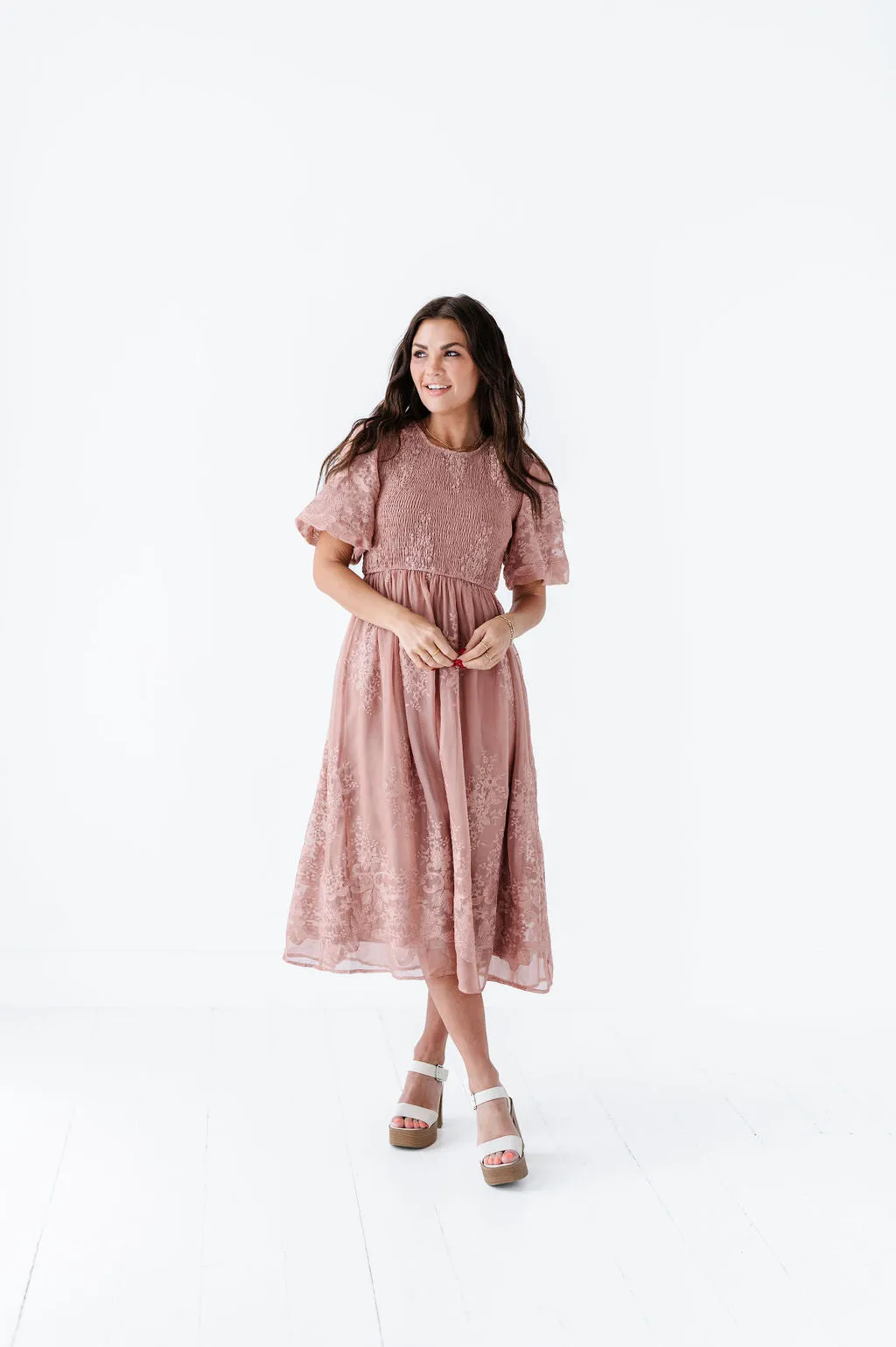 Mia Embroidered Smocked Dress in Salmon