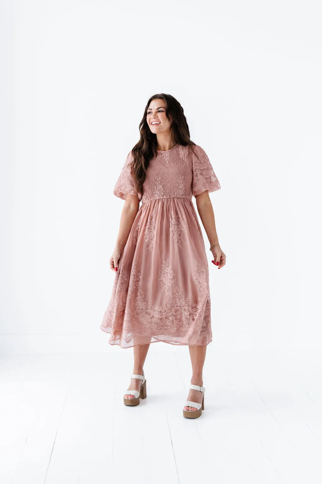 Mia Embroidered Smocked Dress in Salmon