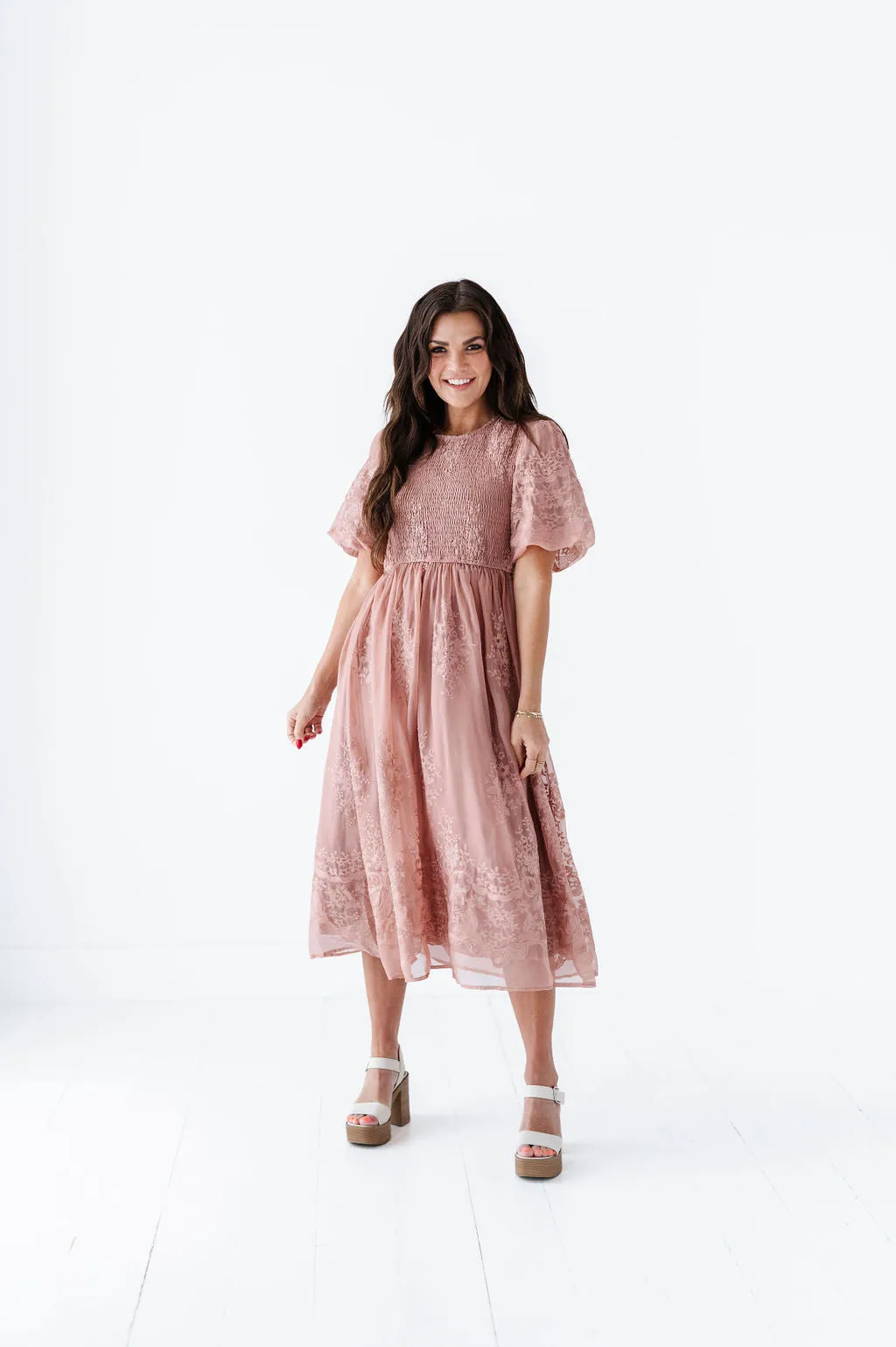 Mia Embroidered Smocked Dress in Salmon