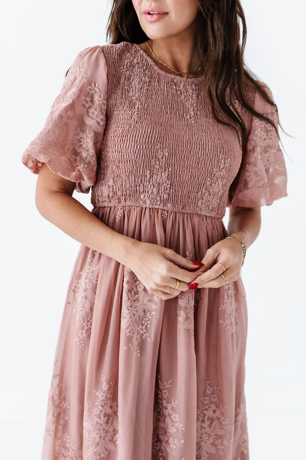 Mia Embroidered Smocked Dress in Salmon