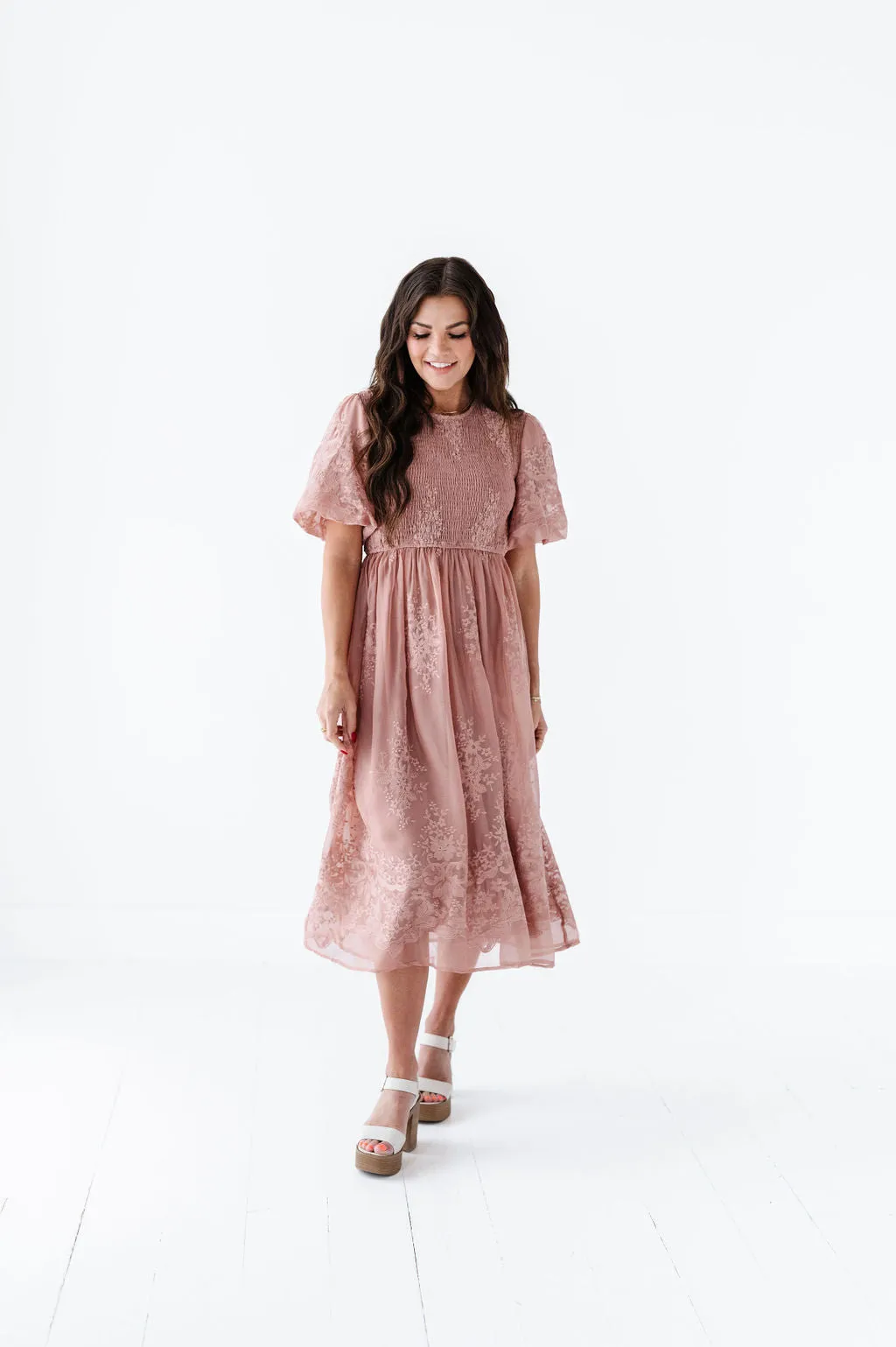 Mia Embroidered Smocked Dress in Salmon