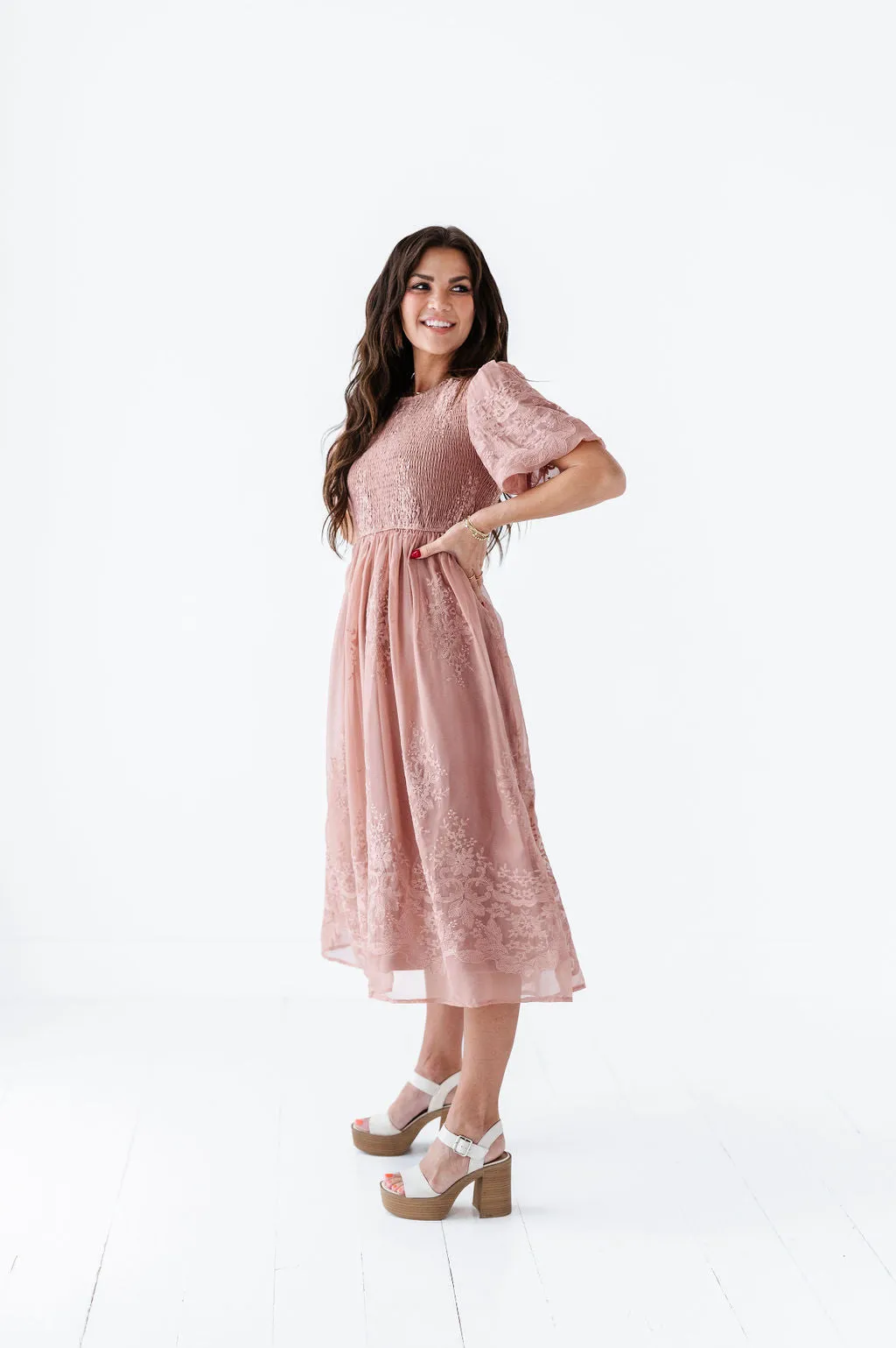 Mia Embroidered Smocked Dress in Salmon