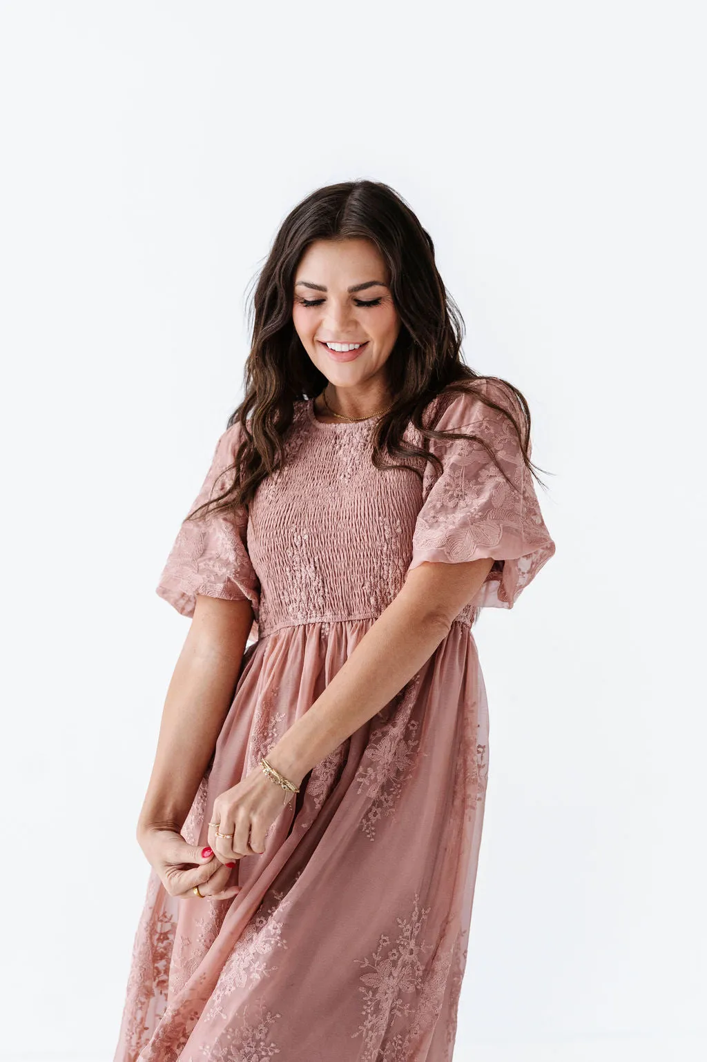 Mia Embroidered Smocked Dress in Salmon