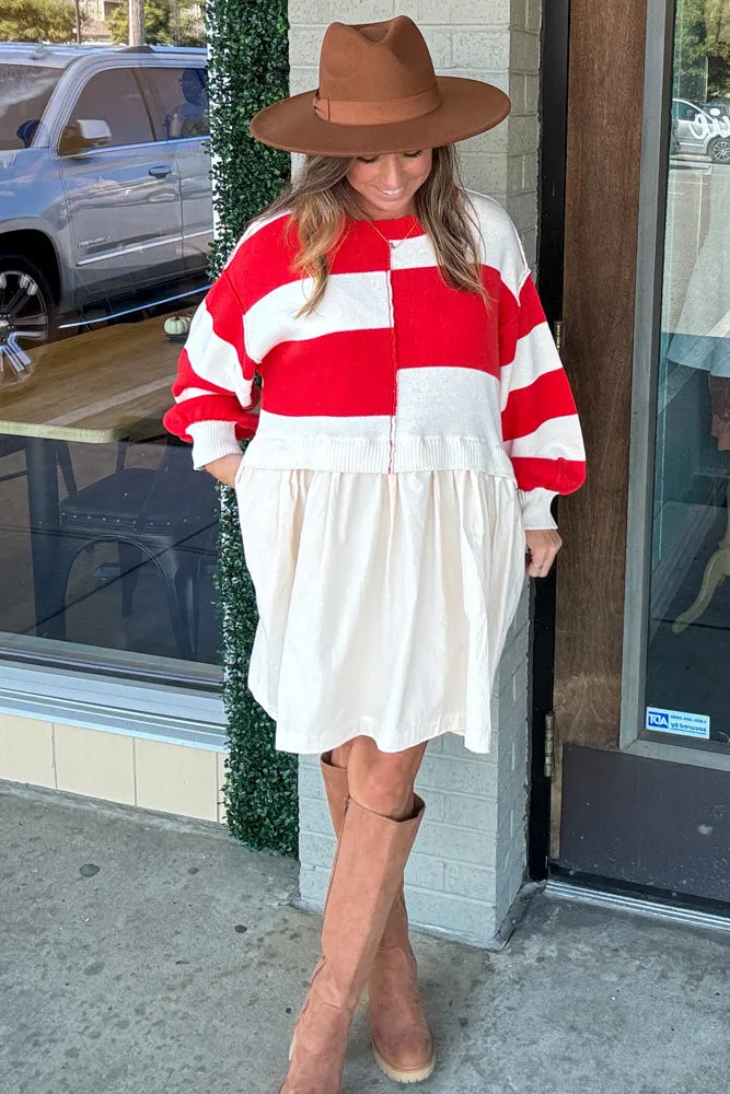 Mixed Media Striped Sweater Dress-Red/Ivory