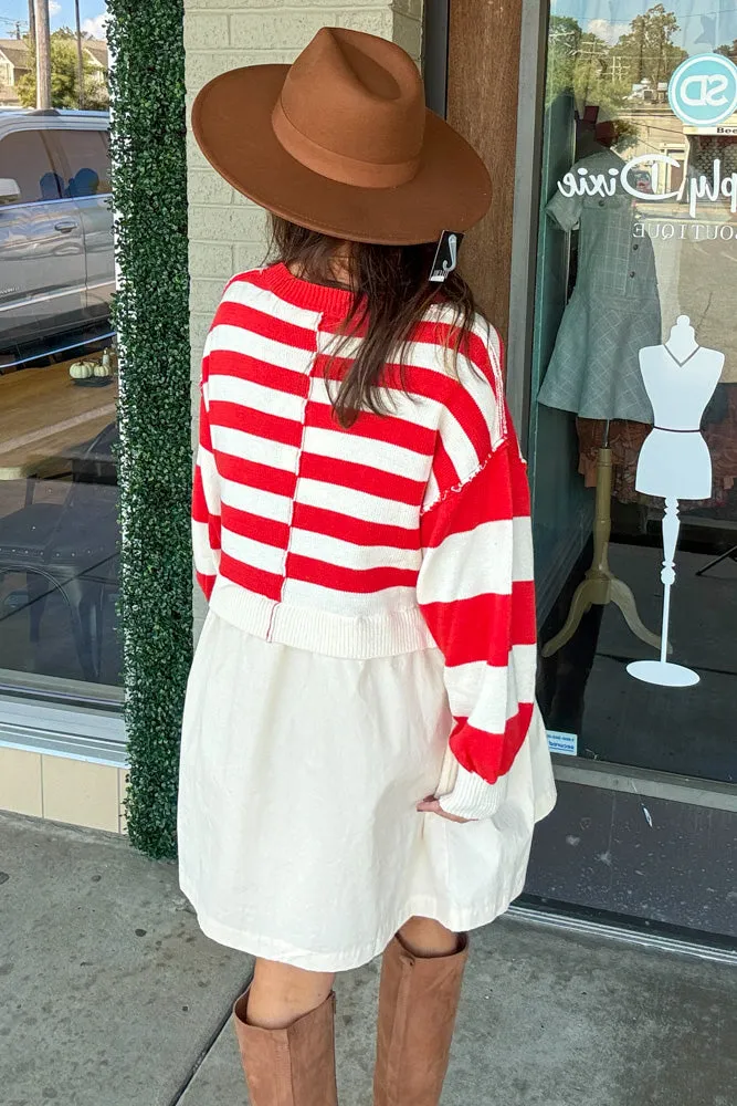 Mixed Media Striped Sweater Dress-Red/Ivory